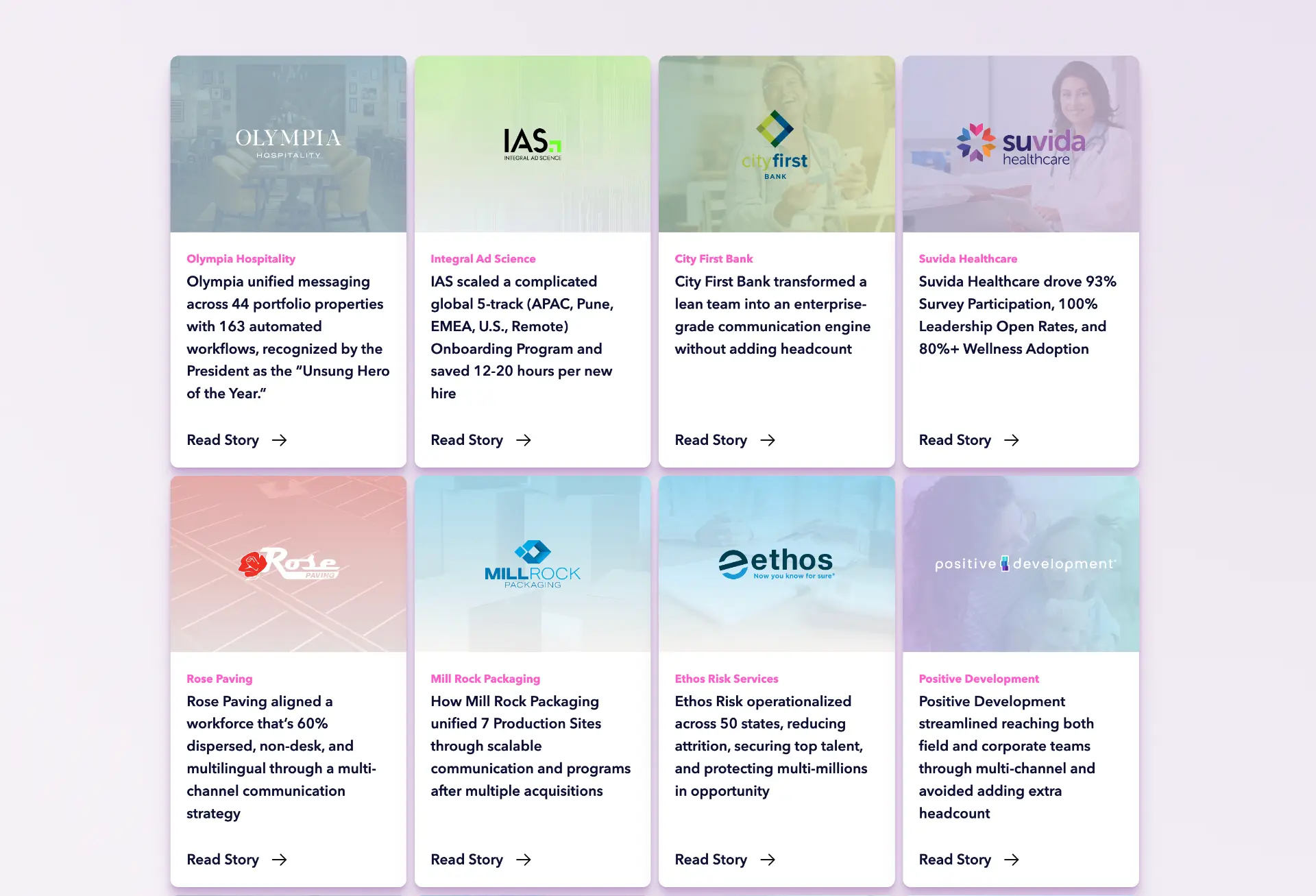 Grid of customer story case study cards for various companies